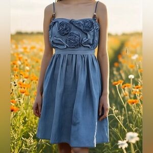 Casual Floral Design High Waist Babydoll Spaghetti Strap Denim Short Midi Dress